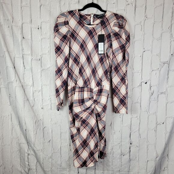 Veronica Beard Agnor plaid ink toffee multi puff long sleeve mini dress - Picture 5 of 12